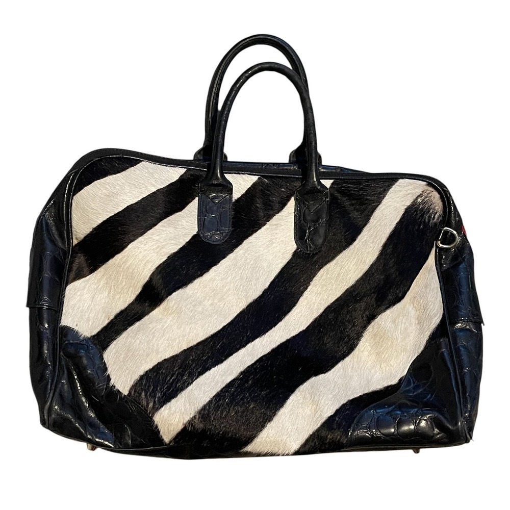 Terrida Italy Zebra Pony Hair Leather Duffle Bag Black White Croc Embossed